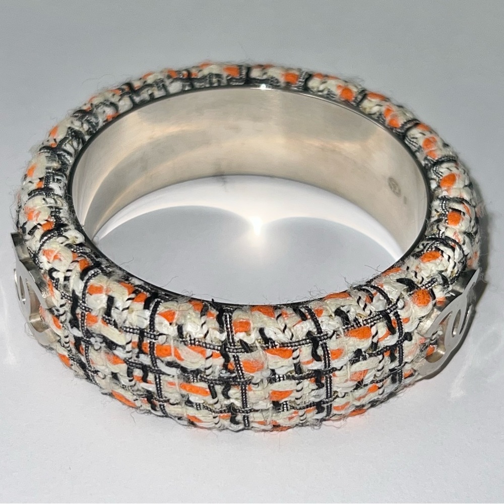 AUTH Chanel Orange Cream Tweed Bangle Bracelet Silver Metal CC Logo - Picture 4 of 11